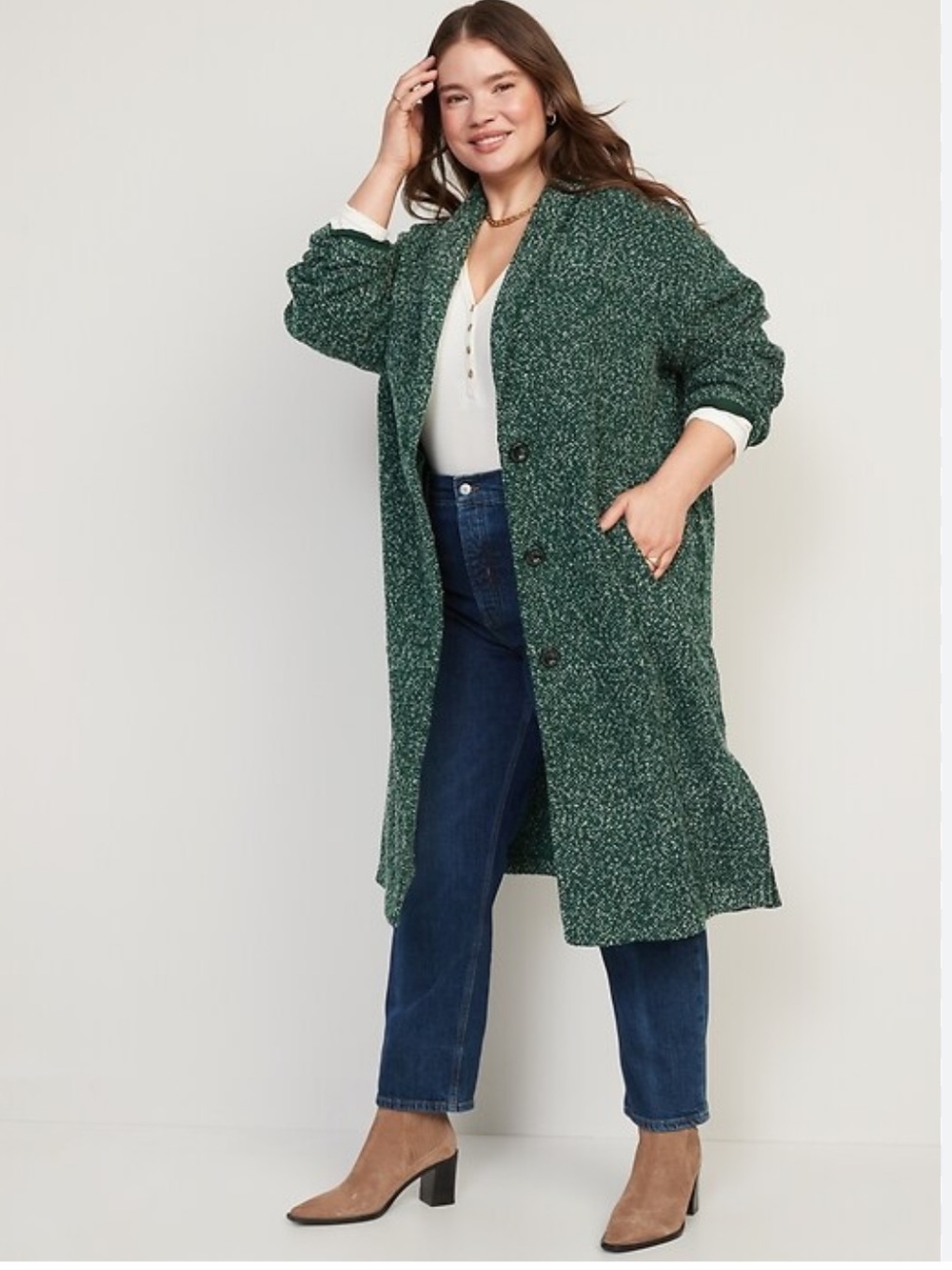 NWT Old Navy Dark Green Tweed Long Utility Coat size medium